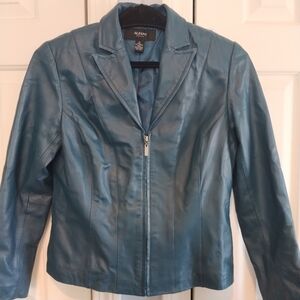 Alfani Petite Teal Real Leather Fitted Jacket Blazer S